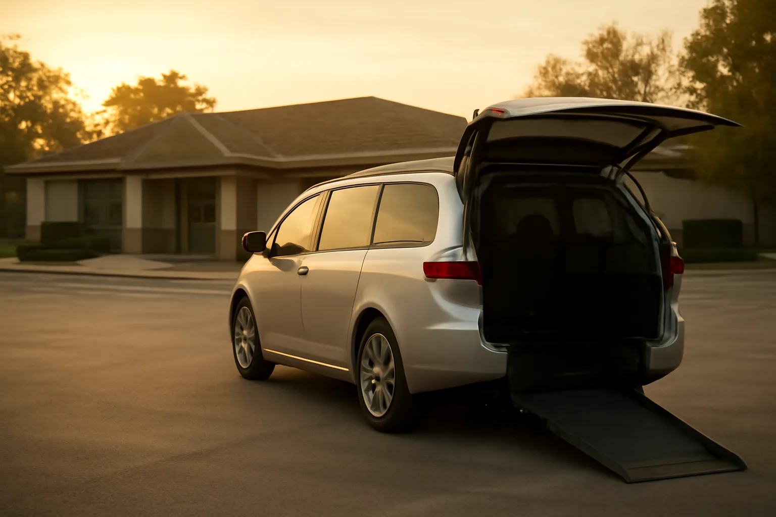 Wheelchair-accessible van with ramp extended outside a Michigan medical clinic at dawn