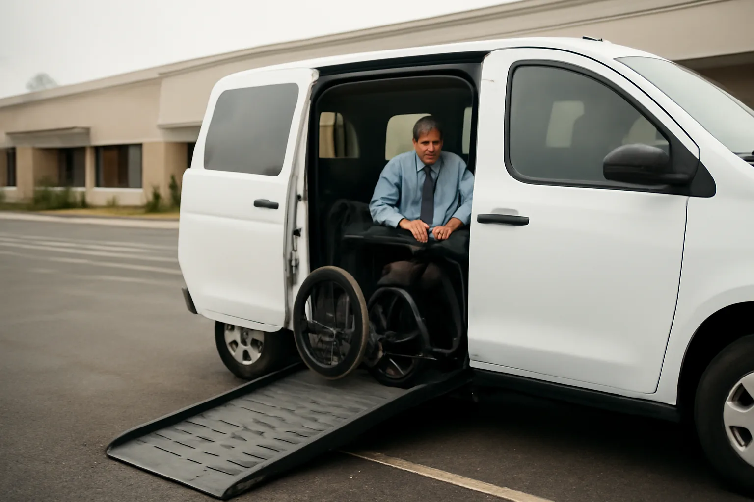 Driver securing a wheelchair inside an accessible van used for non-emergency medical transportation