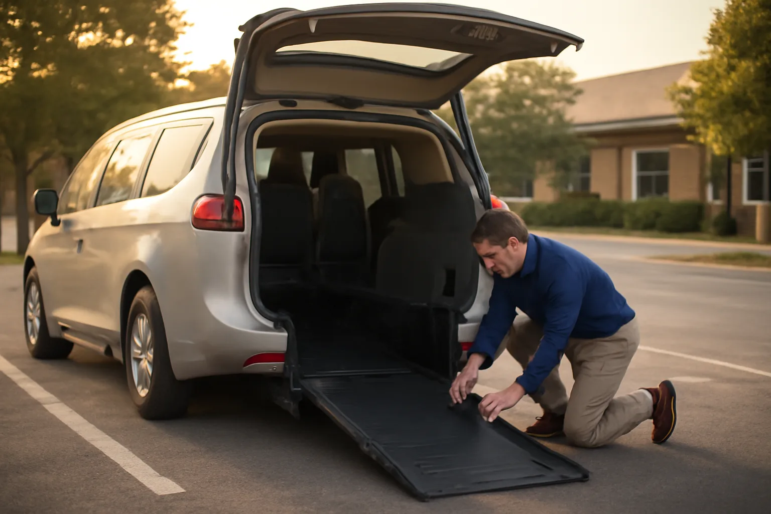 Driver securing a wheelchair van ramp outside a clinic for non-emergency medical transportation