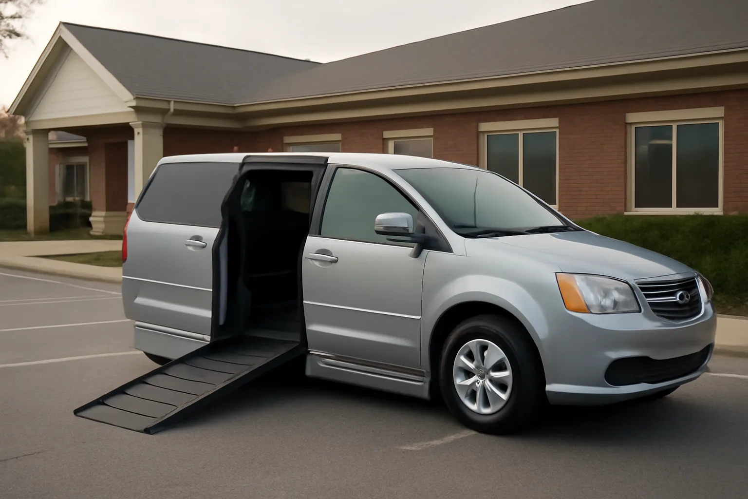 Wheelchair van with ramp deployed outside a medical office, representing NJ NEMT service