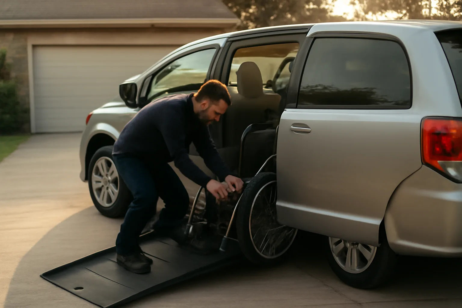 Wheelchair van ramp lowered in driveway during early morning non emergency medical transportation setup