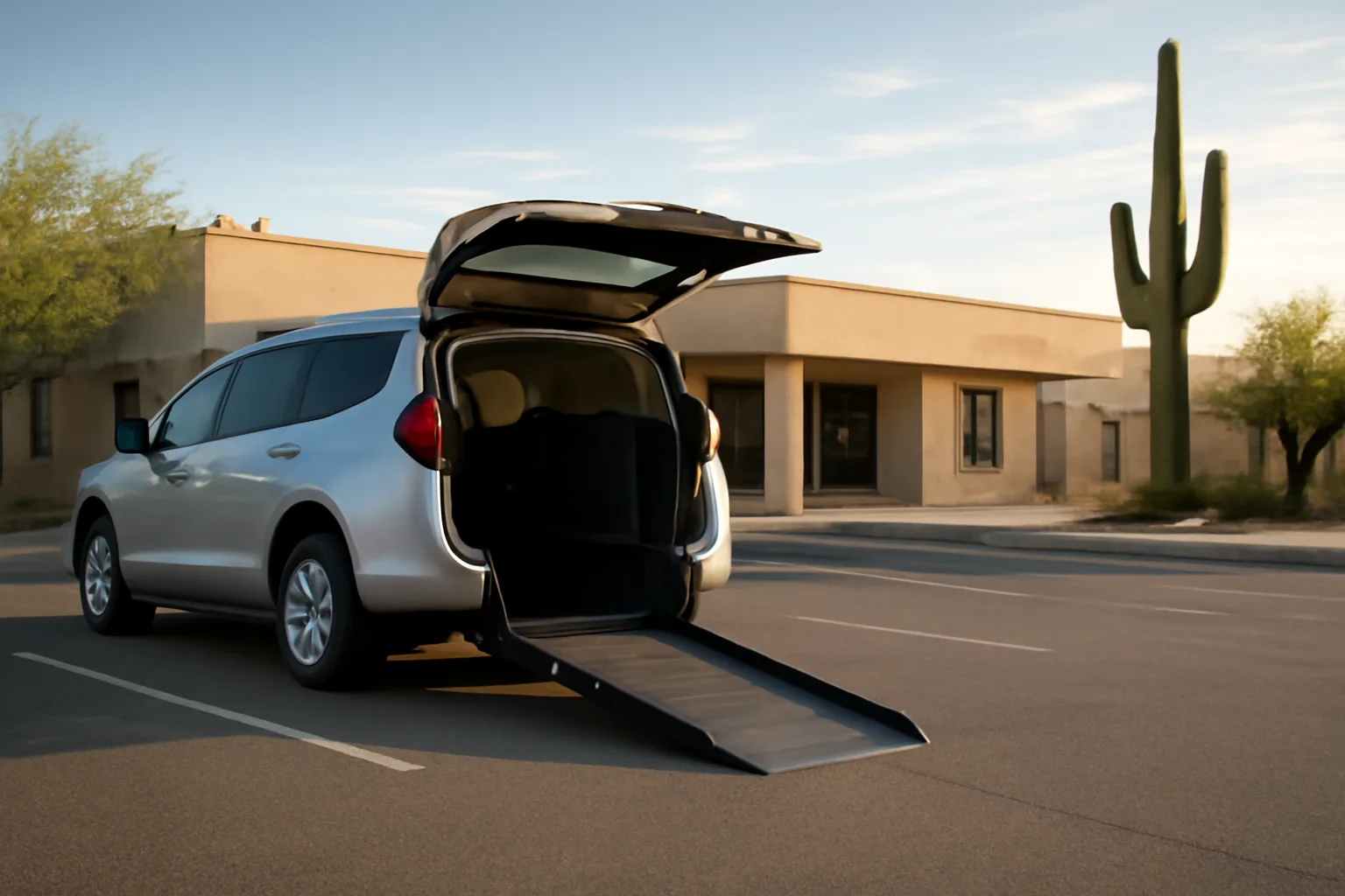 Wheelchair-accessible van with ramp deployed outside a Phoenix medical clinic at dawn
