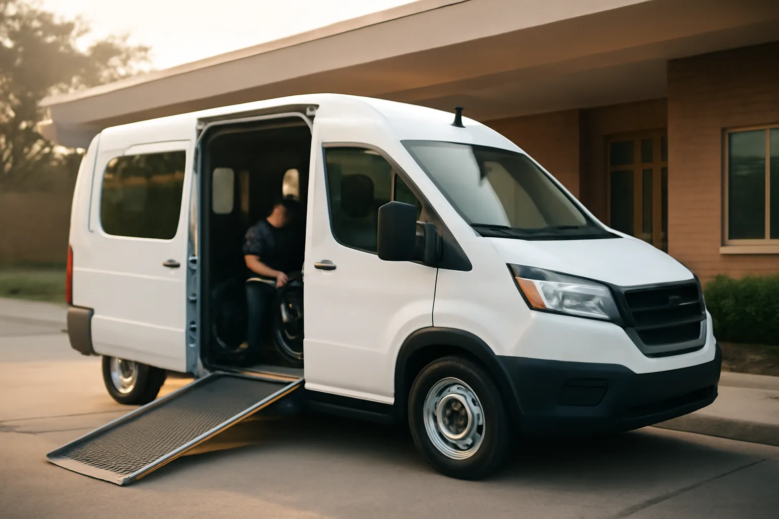 Wheelchair van with ramp extended outside a clinic during a non emergency medical transportation provider application review