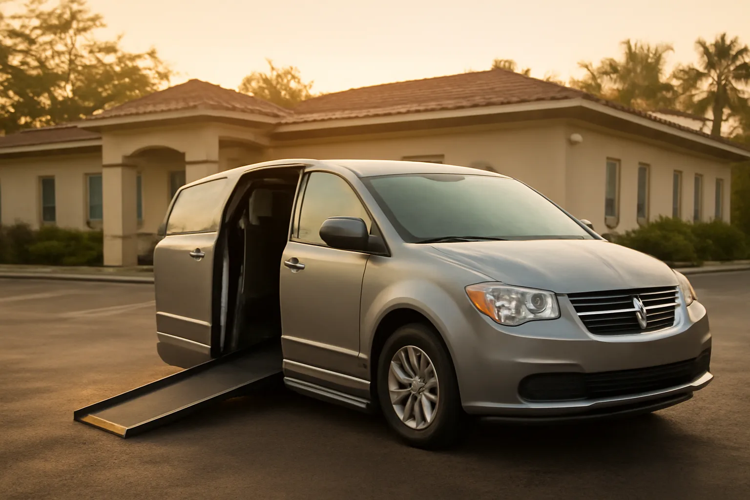 Wheelchair-accessible van with ramp deployed outside a Florida medical clinic at sunrise
