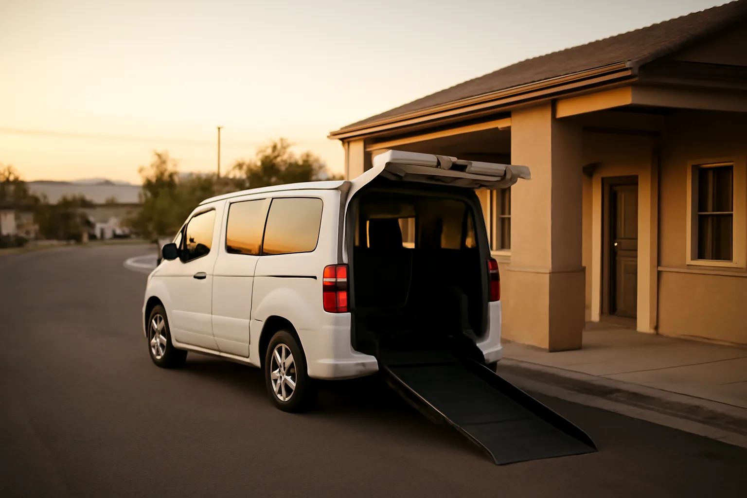 Wheelchair-accessible van with ramp deployed outside a clinic in Reno at dawn