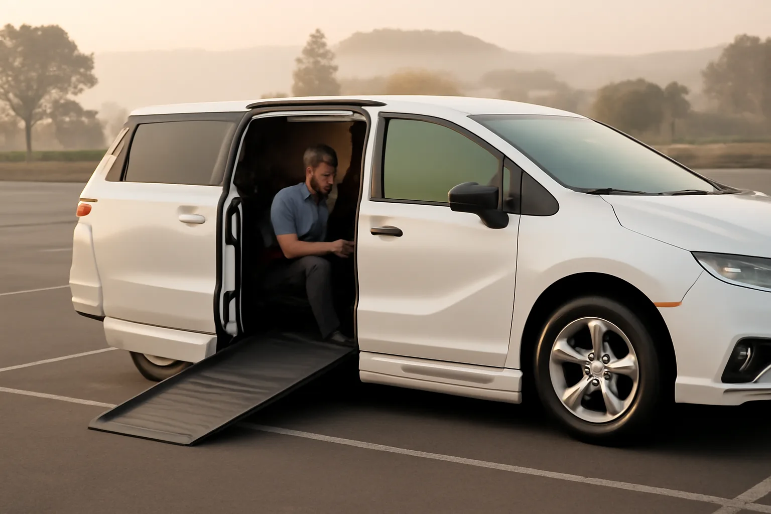 Wheelchair van with ramp deployed outside a San Diego medical clinic at sunrise