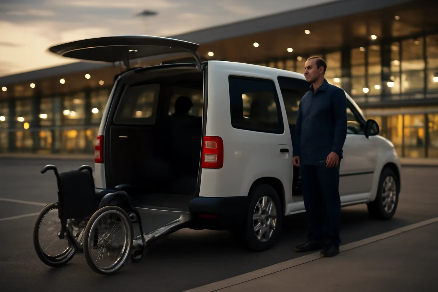 Wheelchair-accessible van with ramp lowered at an airport curb during evening light