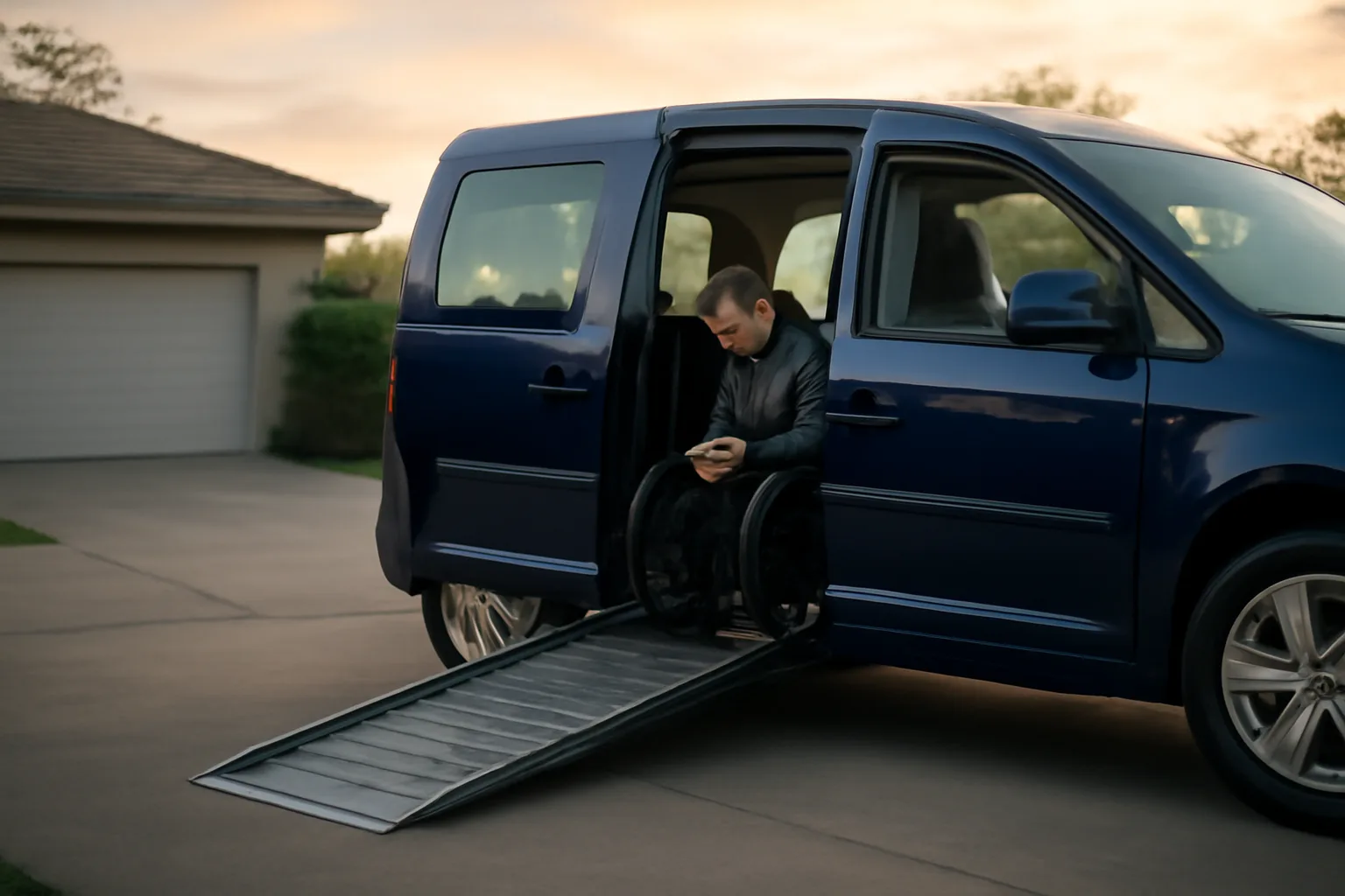 Wheelchair van with ramp deployed for a non-emergency medical transportation pickup