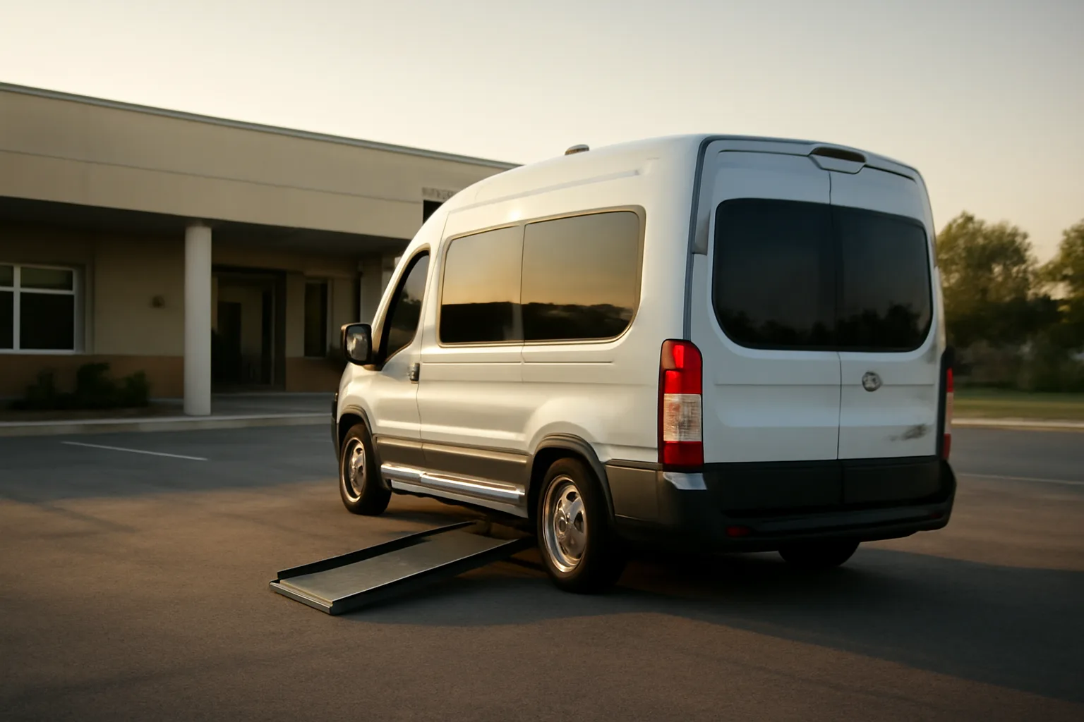 Wheelchair-accessible van with ramp lowered outside a Wichita medical clinic at dawn