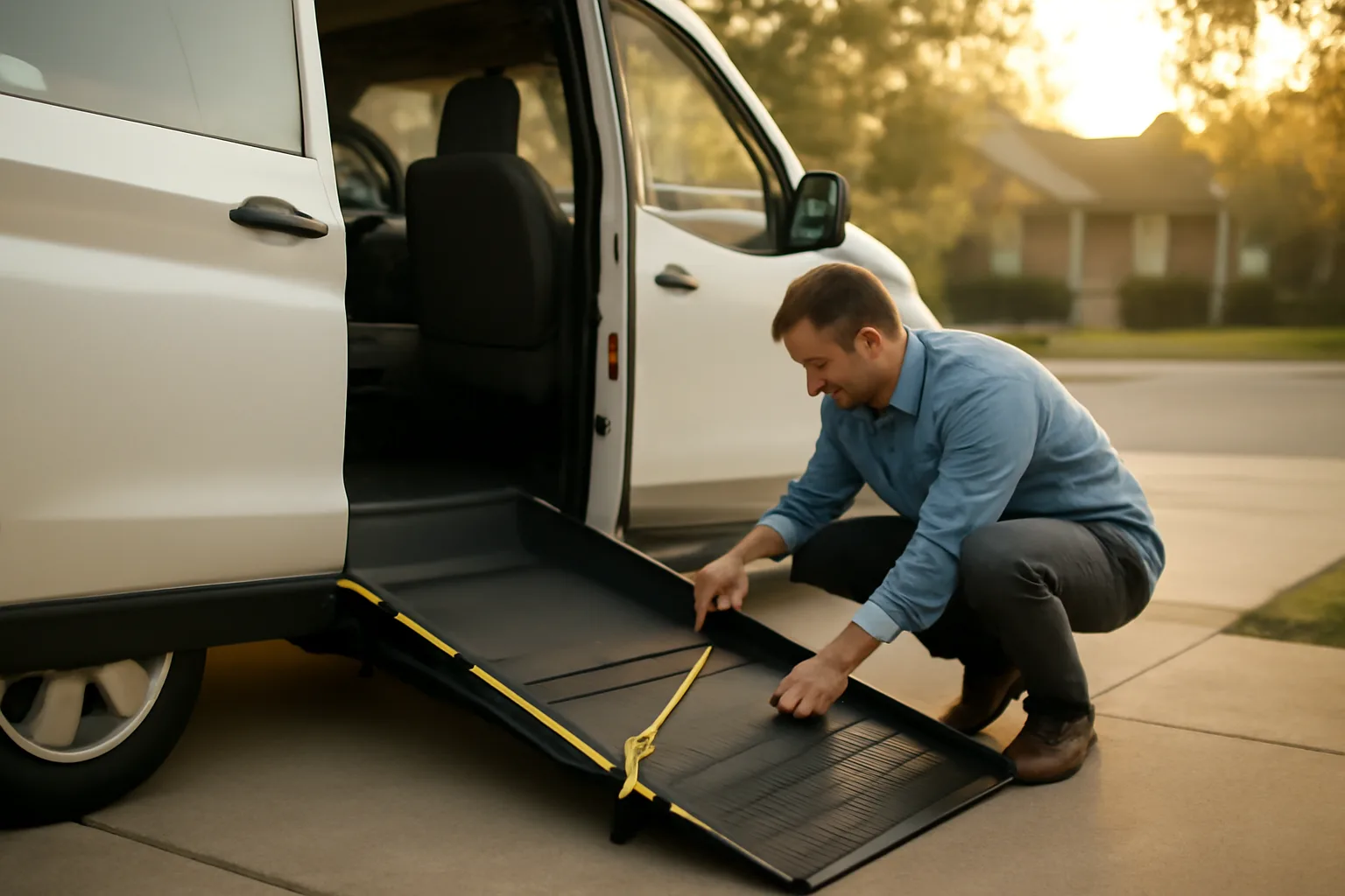 Driver inspecting wheelchair van ramp and tie-downs in early morning light