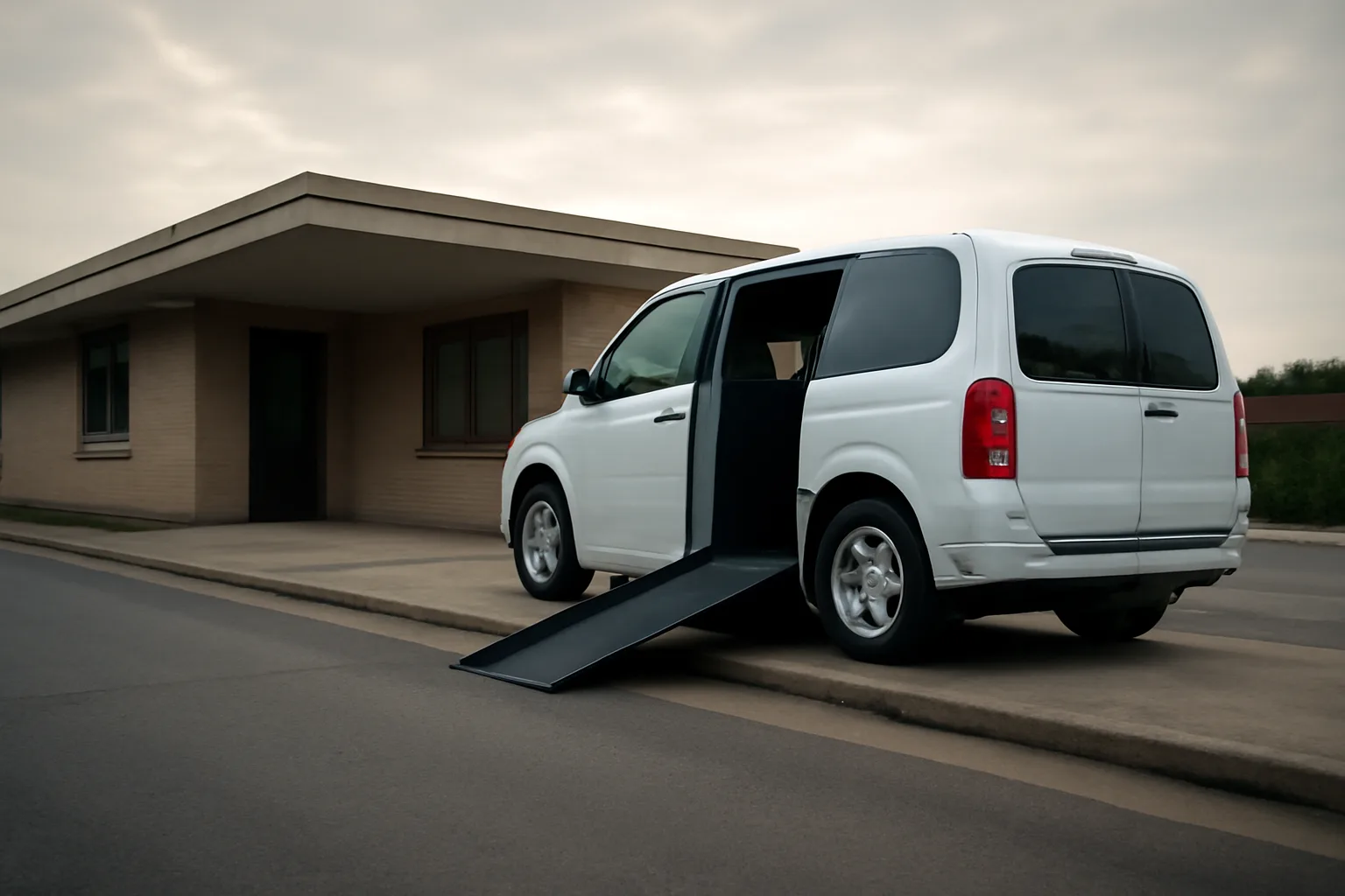 Wheelchair-accessible van with ramp deployed outside a medical clinic in early morning light