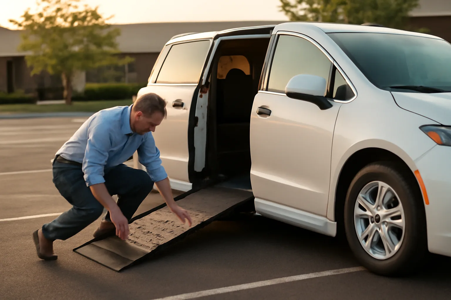 Wheelchair van ramp deployed outside an Ohio medical clinic during early morning light