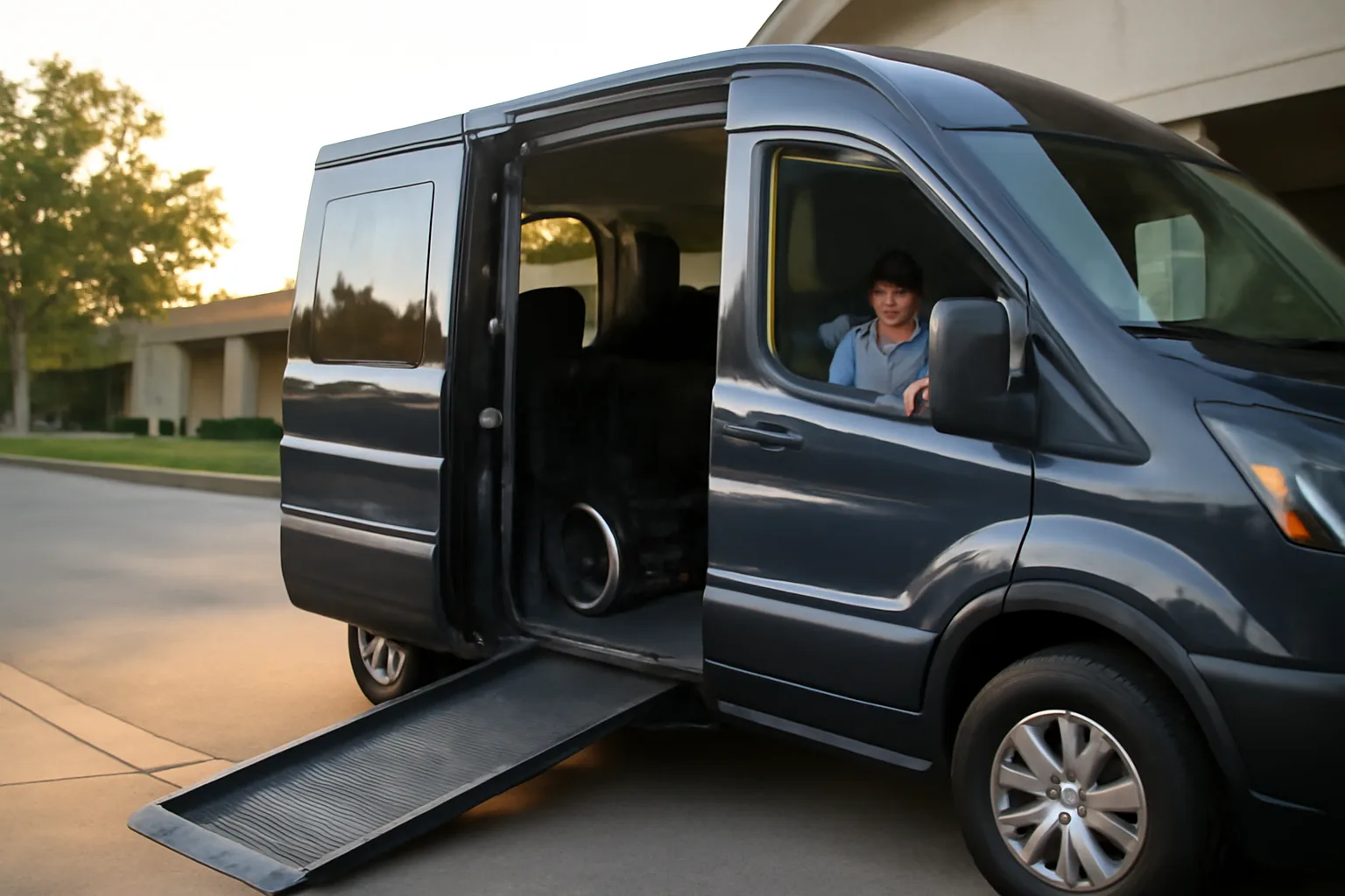 Wheelchair van with ramp deployed outside a Georgia medical clinic at sunrise