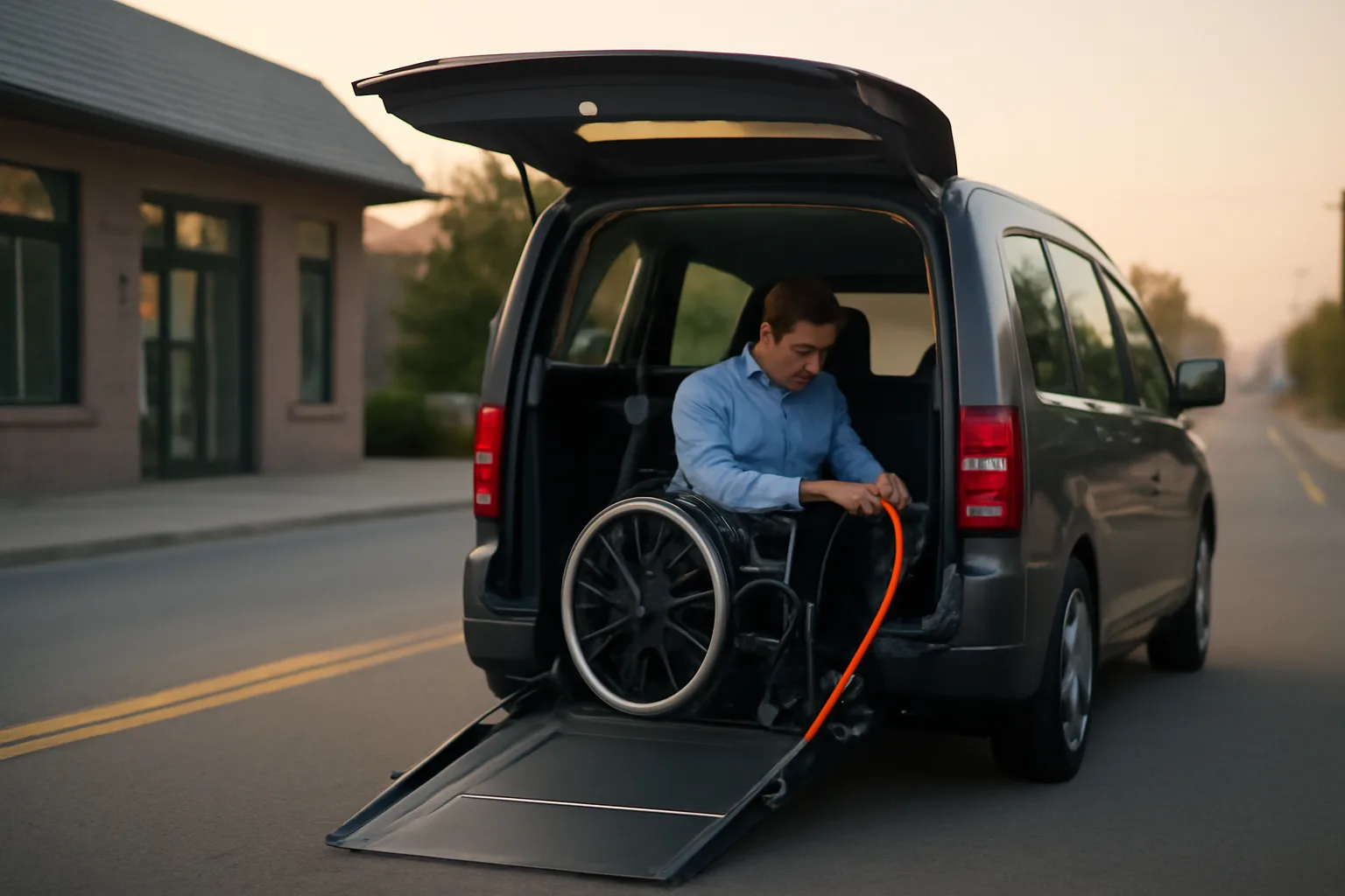 Owner-operator checking wheelchair van lift and tie-downs before starting a medical transportation business