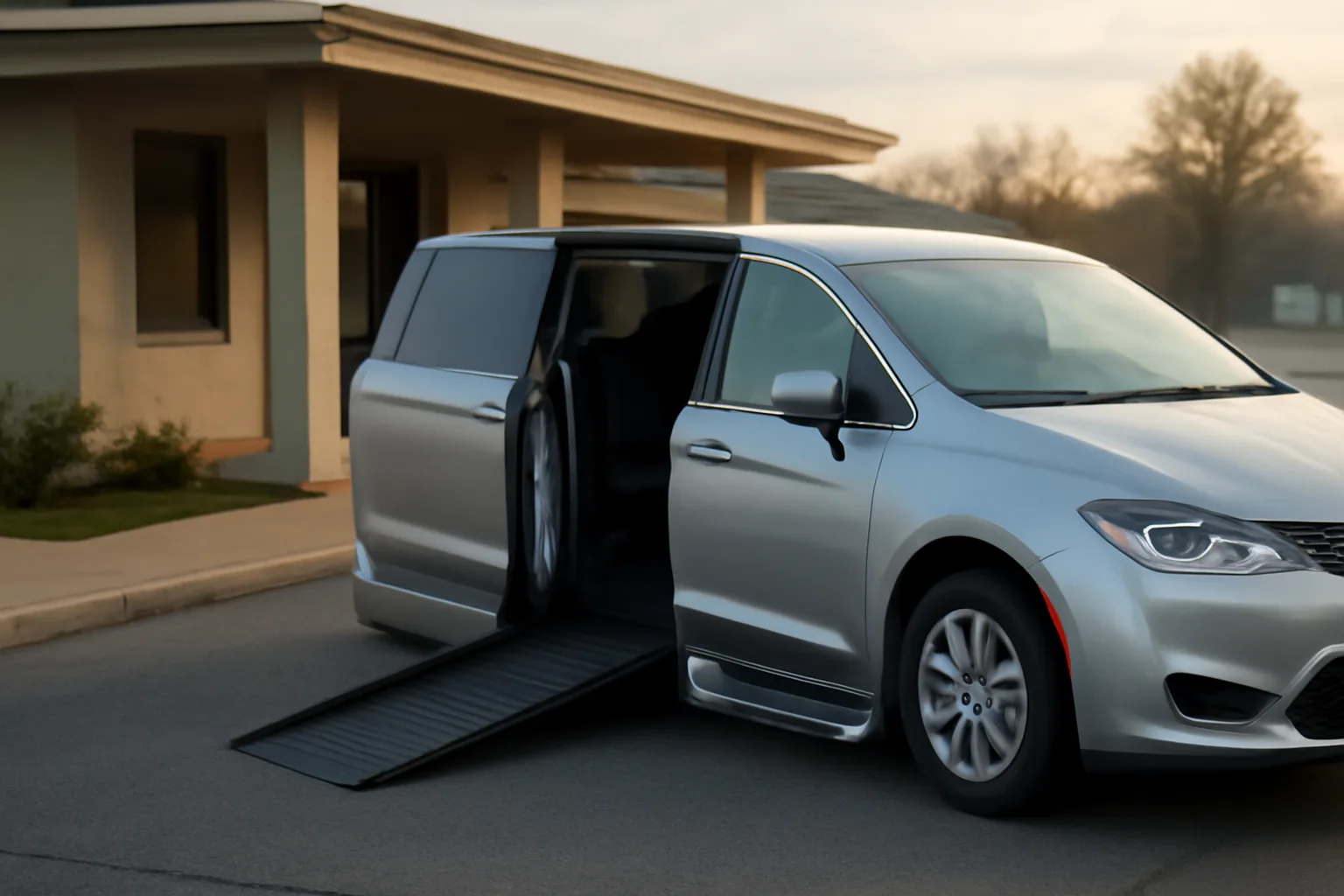 Wheelchair-accessible van with ramp deployed outside a clinic, illustrating starting a NEMT business