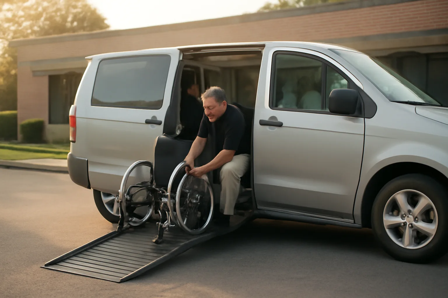 Driver inspecting wheelchair securement straps in a van outside a clinic