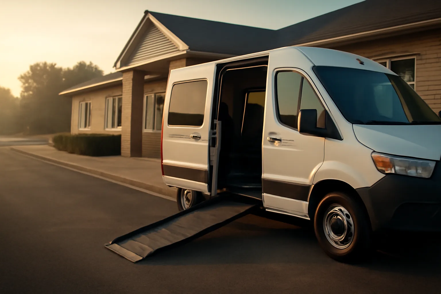Wheelchair van with deployed ramp parked outside a clinic at sunrise