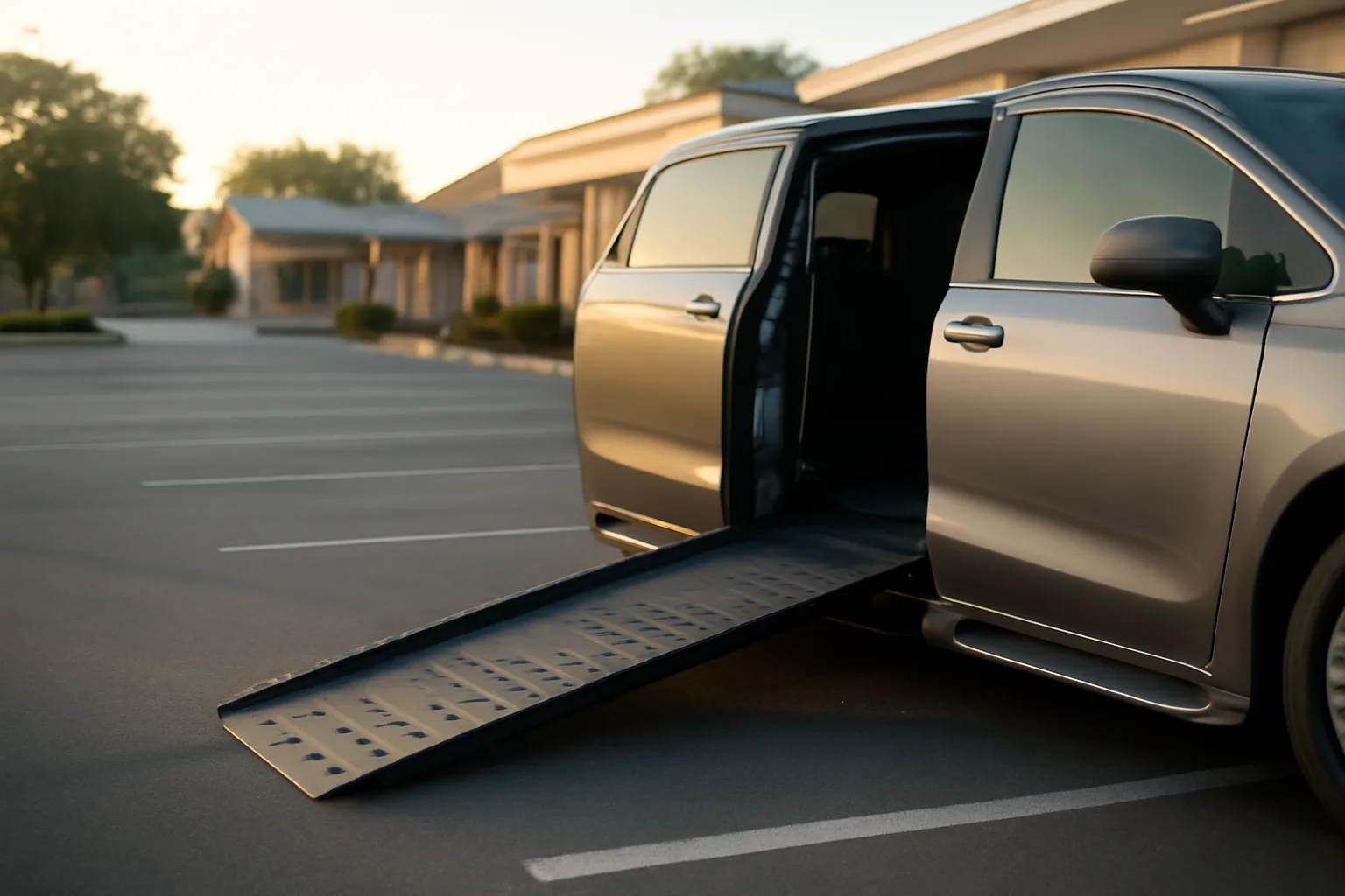Wheelchair ramp extended from a parked NEMT van outside a clinic at dawn