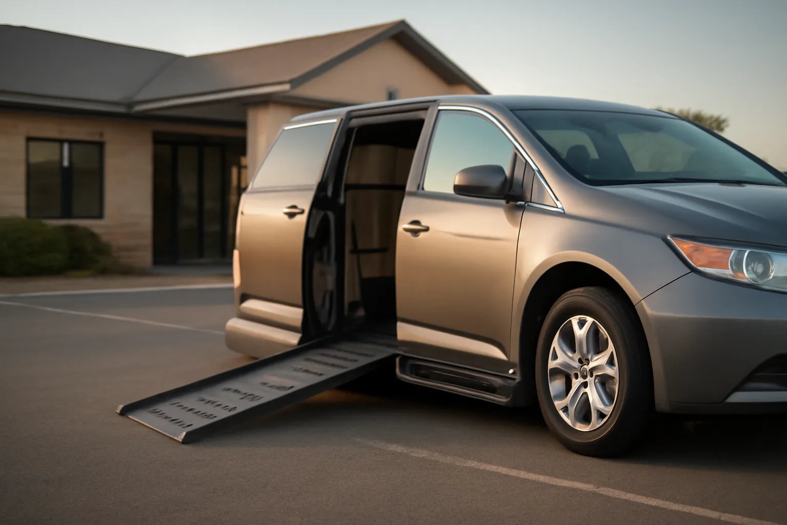 Wheelchair-accessible van with ramp deployed outside a Texas medical clinic at dawn
