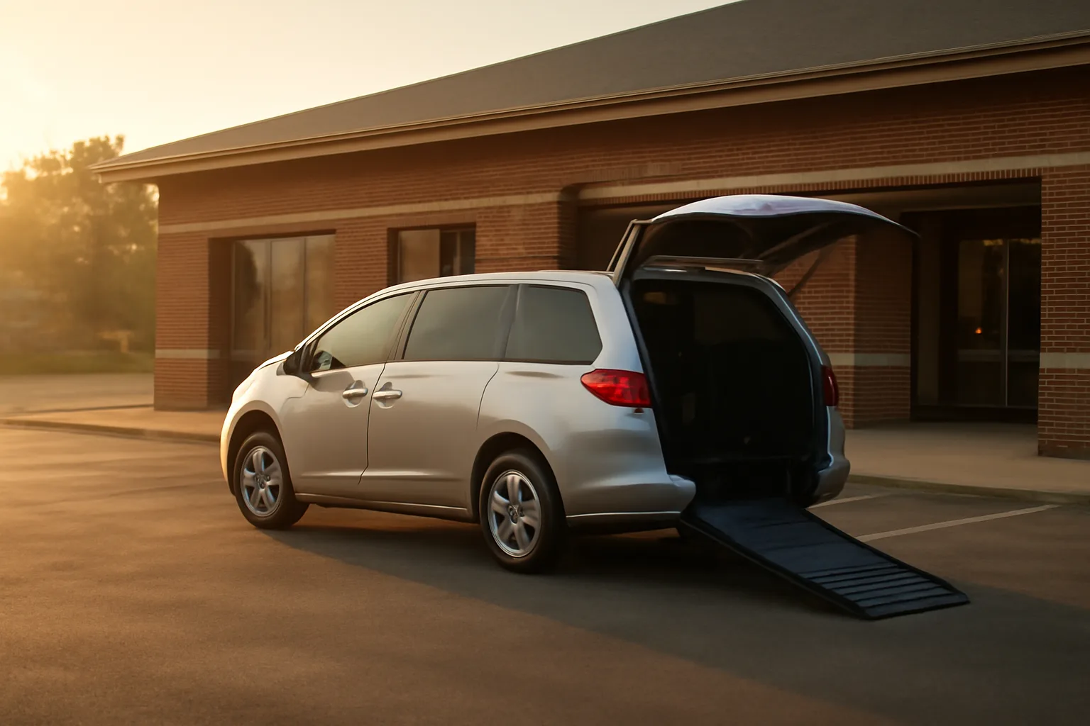 Wheelchair-accessible van with ramp deployed outside a medical clinic at sunrise