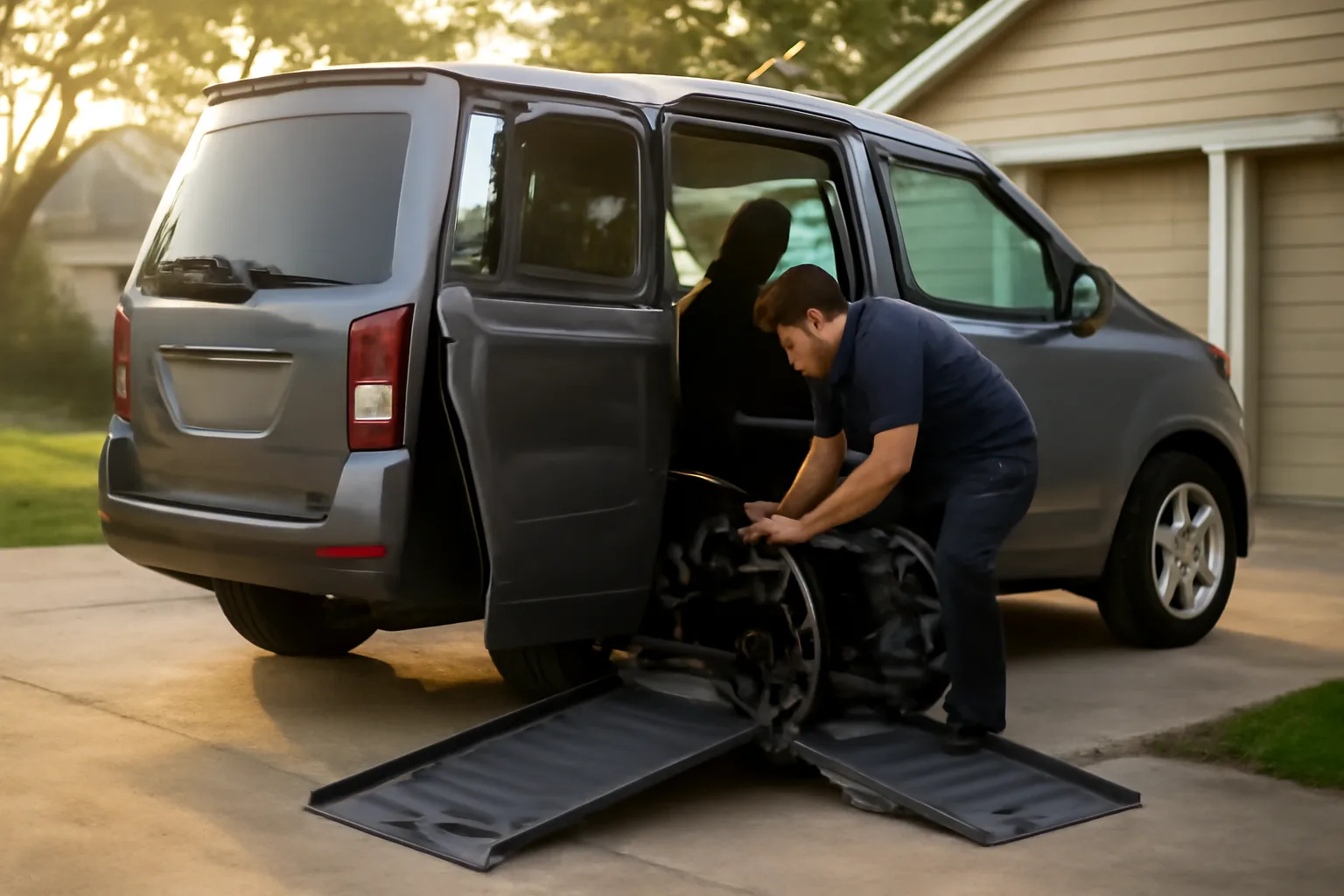 Driver checking wheelchair securement straps in a ramp-equipped medical transportation van