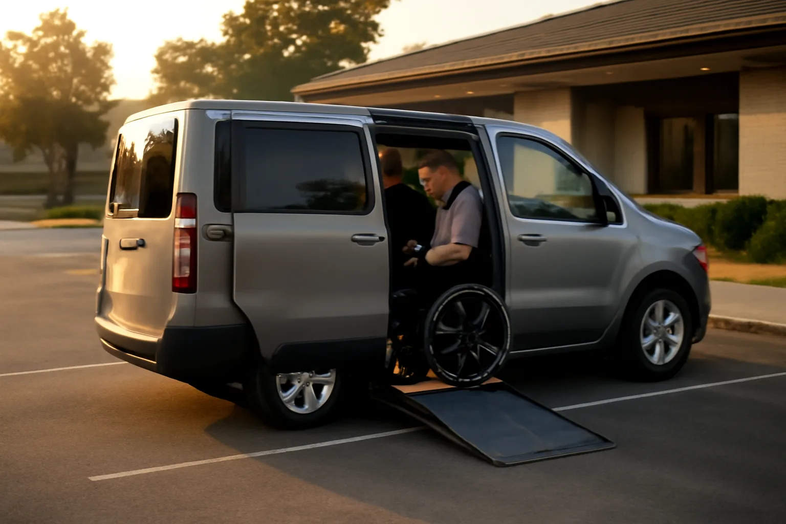 Driver securing wheelchair tie-downs in an accessible NEMT van at a clinic