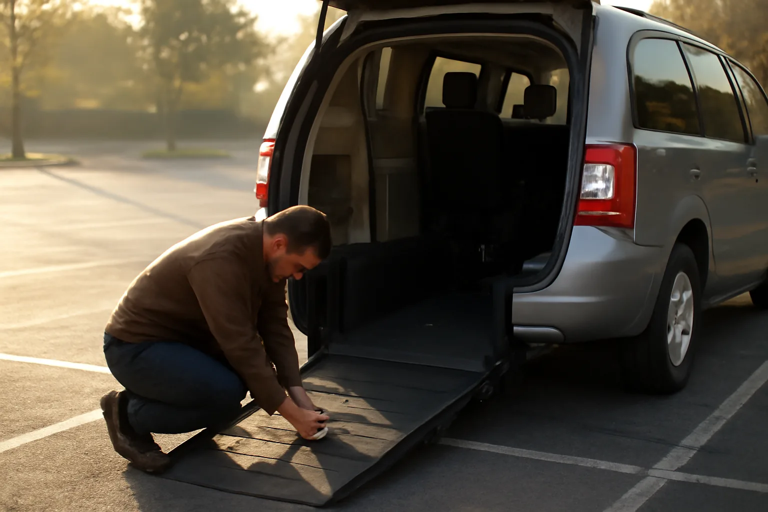 Driver checking wheelchair securement straps in an accessible van at dawn