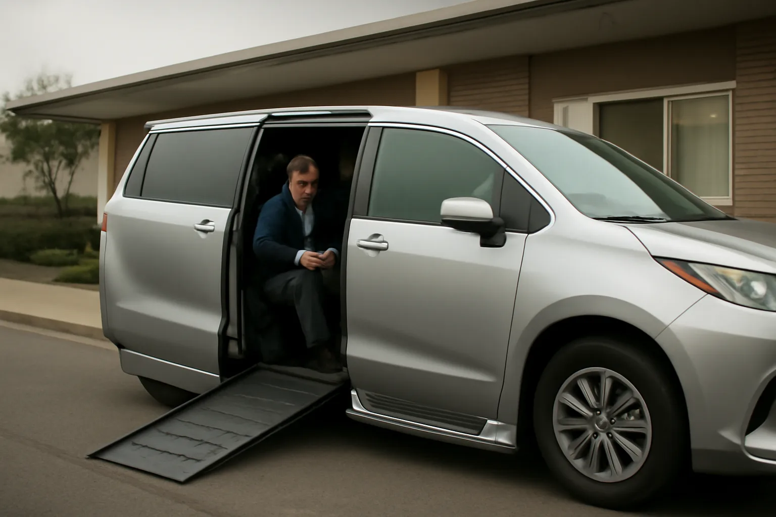Driver checking wheelchair securement straps in an accessible NEMT van outside a clinic