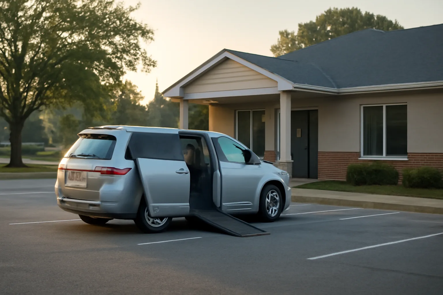 Wheelchair van with deployed ramp outside a clinic, illustrating a non-emergency medical transportation business