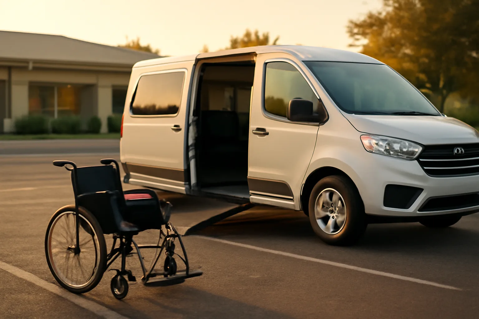 Wheelchair-accessible van with ramp lowered outside a medical clinic at sunrise