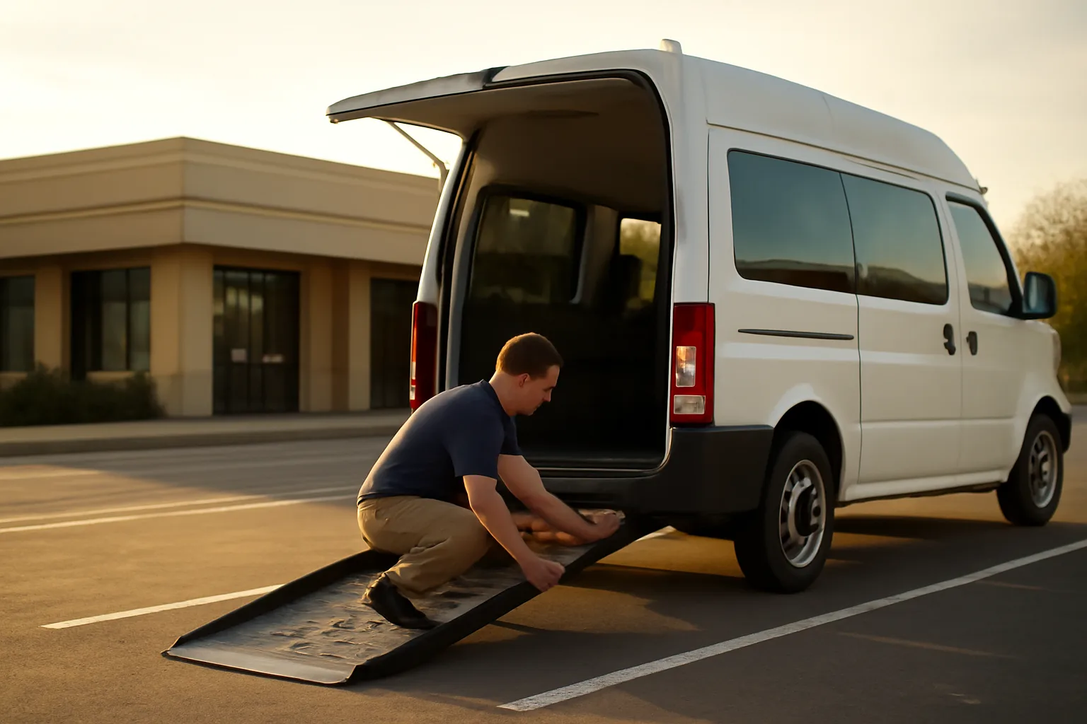Wheelchair van ramp deployed outside a California medical clinic at sunrise